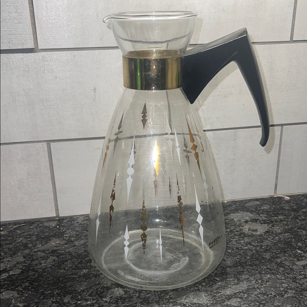 Vintage Pyrex Glass Coffee Carafe with Black Handle and Gold Accents